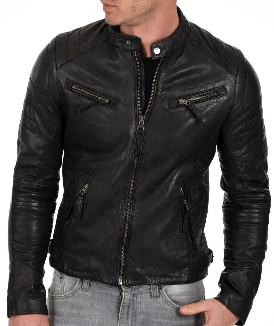 Cafe Racer Leather Jacket Soft Real Sheep Napa Leather Biker Style