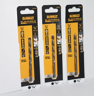 Lot of 3 DeWALT Black & Gold 1/4'' Drill Bit Split Point 1/4'' Hex Shank DWA5016