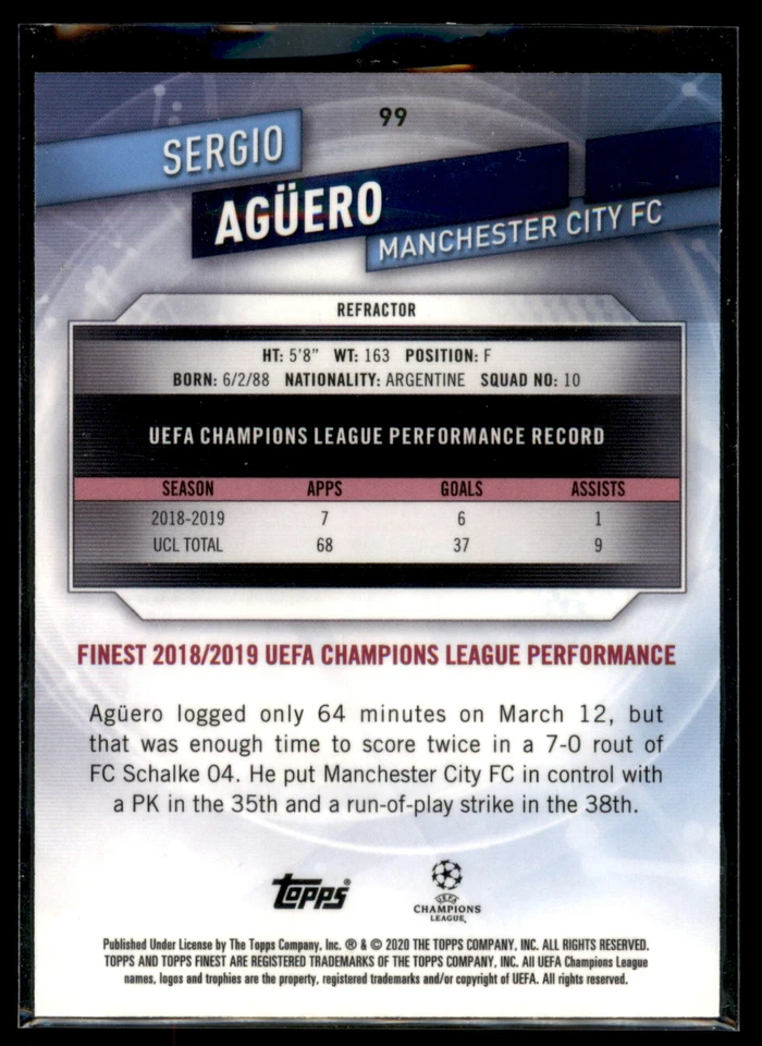 2019-20 Topps Finest UEFA Champions League REFRACTOR #99 Sergio Aguero - Image 2 of 2