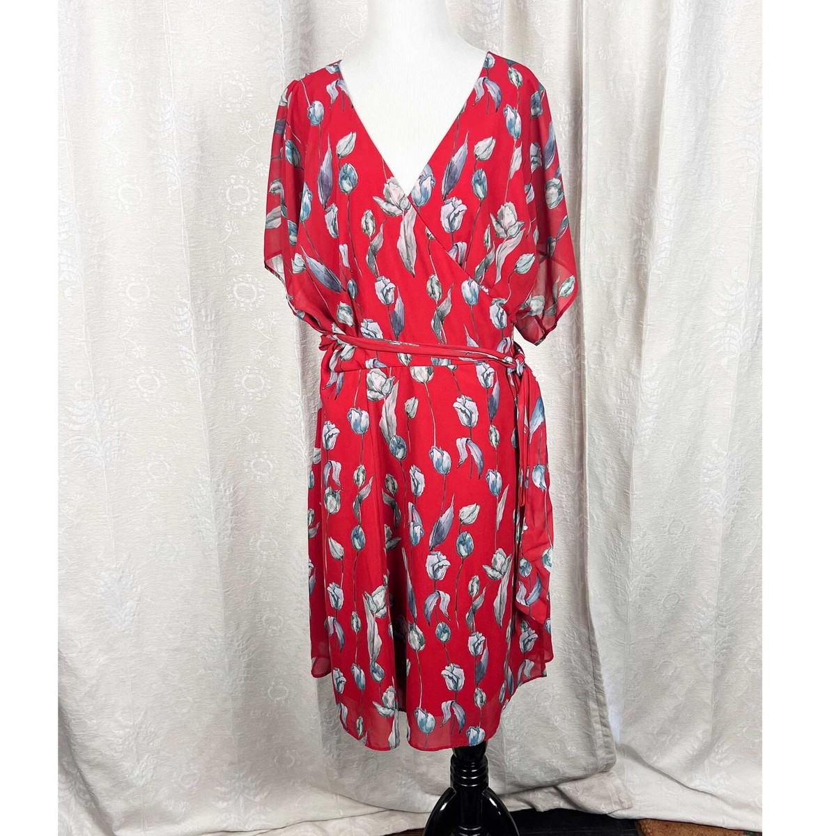 eShakti Wayward Fancies tulips wrap dress red gray crepe flutter sleeve  cocktail