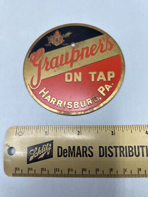 Vintage Graupner's On Tap Harrisburg PA Round Brass Brewery Label /Plaque / Sign
