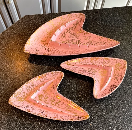3 Shawnee Pottery  MCM Atomic Cosmic Boomerang Ashtrays Pink and Gold