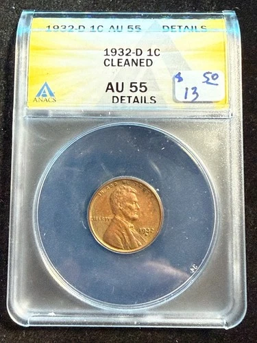 1932 D LINCOLN WHEAT CENT ANACS AU 55 DETAILS CLEANED 097