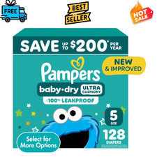 Pampers Baby Dry Diapers Size 5 128Ct Leak Protection Disposable Baby