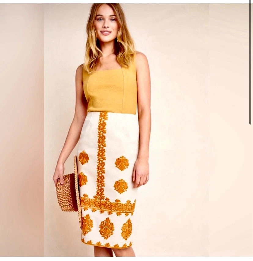 Anthropologie Verona Embroidered Cotton Pencil Skirt Tangerine Bohemian NWT 12
