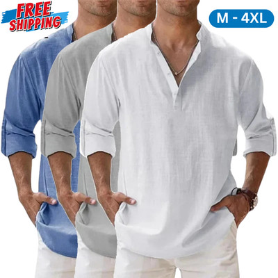 Men's Lightweight Cotton Linen Long Sleeve Henley Beach Shirt T-shirt Tee Gift