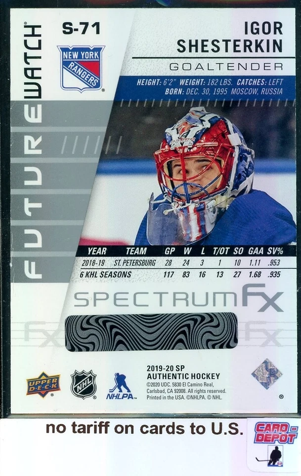 2019-20 SP Authentic Future Watch Spectrum FX #S71 Igor Shesterkin - Image 2 of 2
