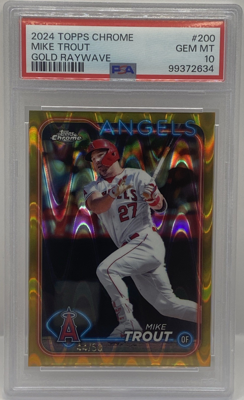2024 Topps Chrome Mike Trout #200 Gold Raywave Refractor #/50 PSA 10 GEM ANGELS