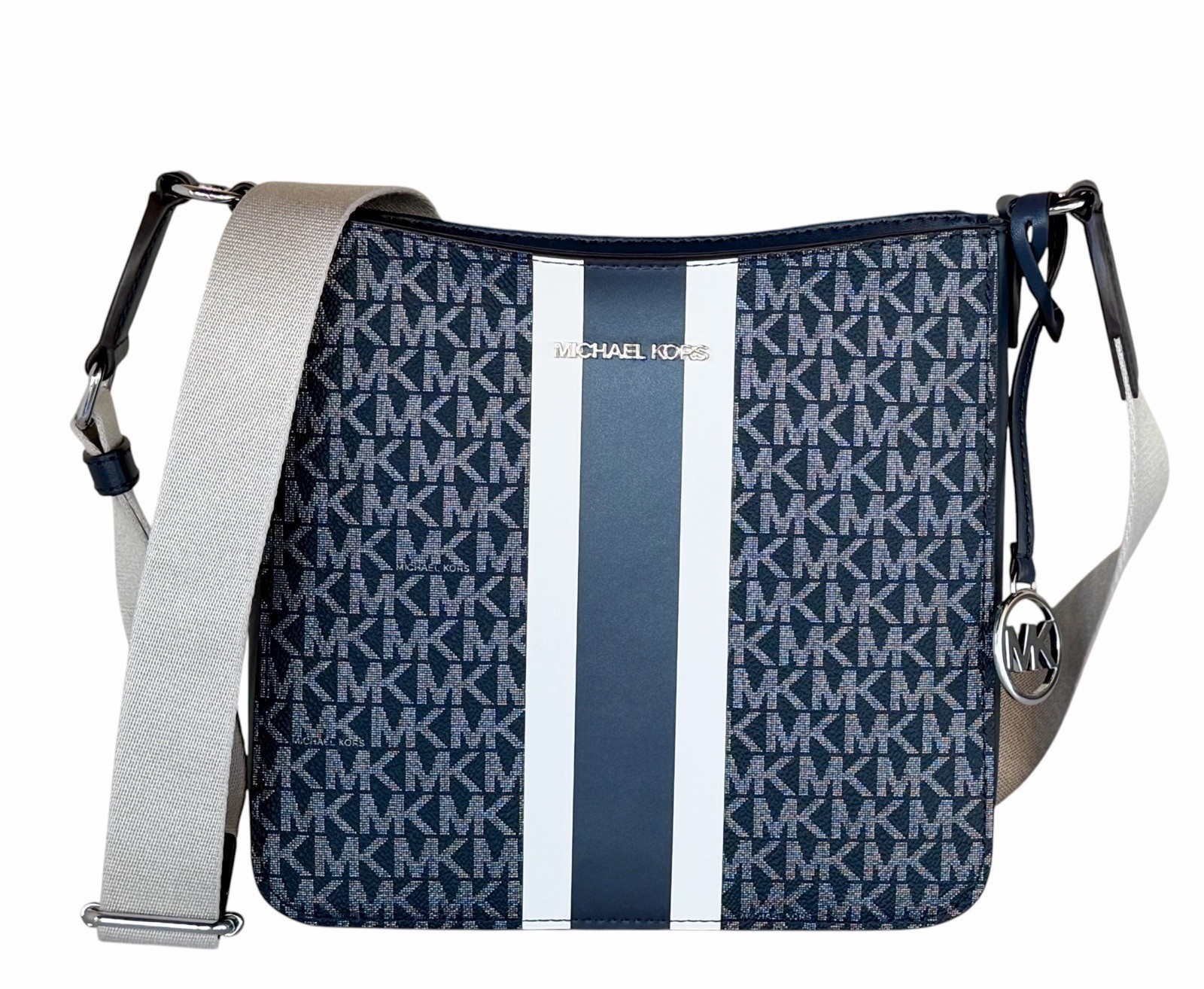 Michael Kors Jet Set Travel S Messenger Bag Center Stripe MK Silver Glitter Navy