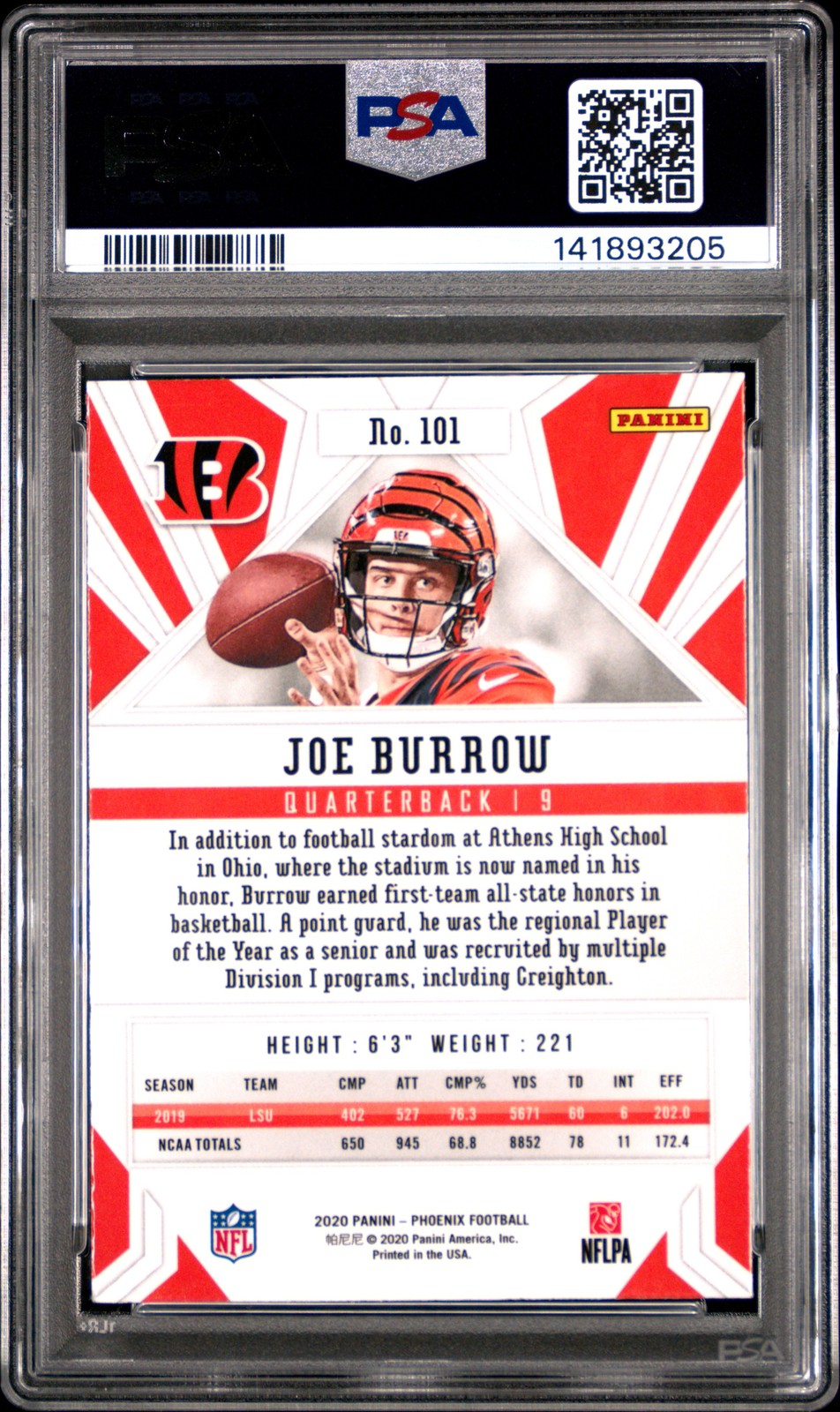 2020 Panini Phoenix #101 Joe Burrow Fire Burst PSA 10 view 2