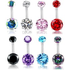 14G Belly Button Rings Surgical Stainless Steel Round Cubic Zirconia Navel Ba...
