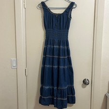 Indigo & Lace Womens Tiered Denim Smocked Maxi Dress PSmall Boho Cottage Prairie