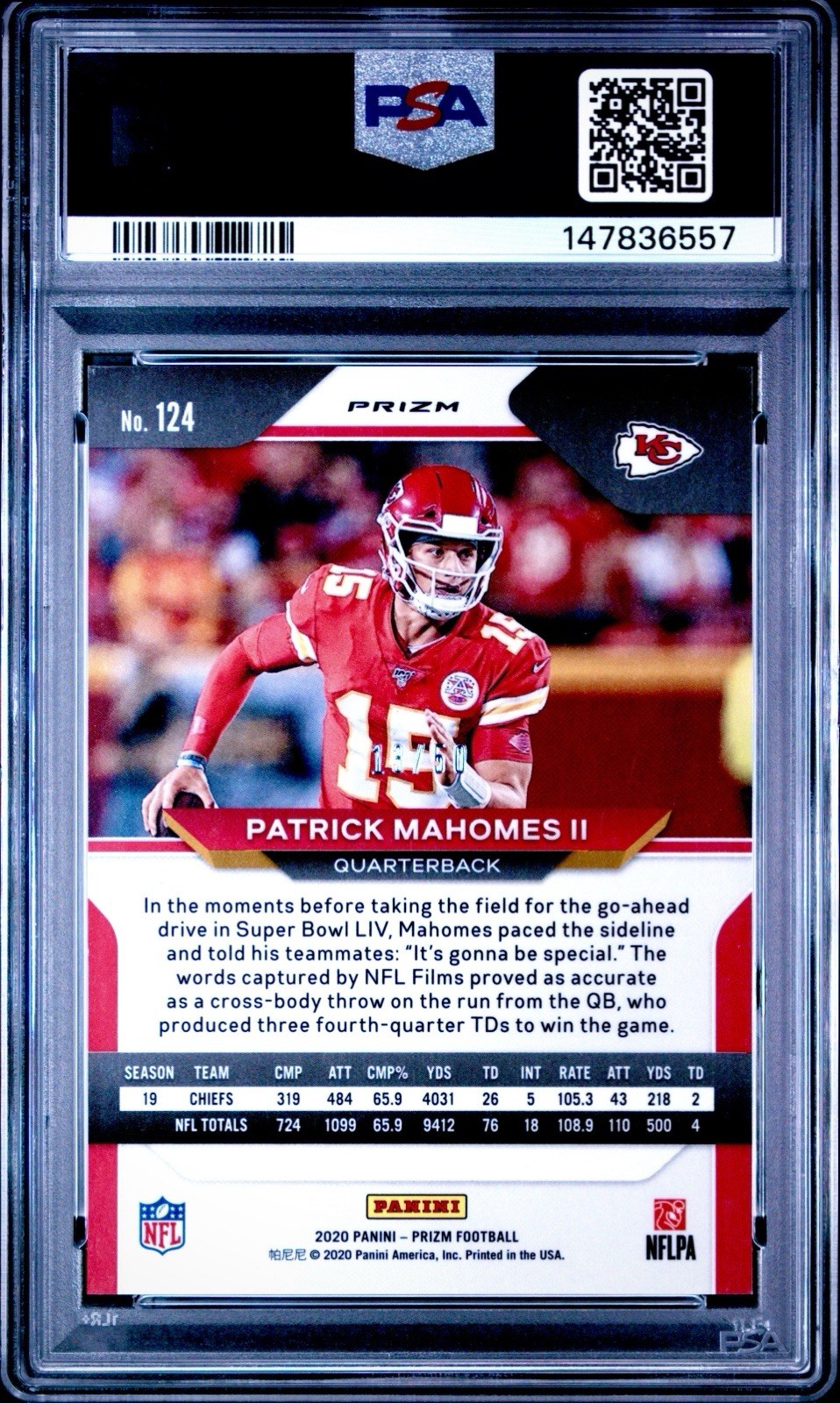 Patrick Mahomes II 2020 Panini No Huddle Red Prizm #124 #’d/50 PSA 10 GEM MINT view 2