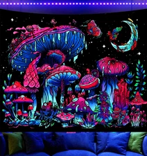 Blacklight Mushroom Tapestry Glow in the Dark Fantasy Plant Tapestry UV Reactive