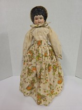 Antique German China Head Doll Black Curly Hair Partial Ear Exposed Bonnet 17 In