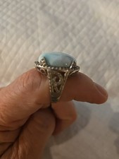 Genuine Larimar Natural White Zircon Halo Ring. Est Size 6.5