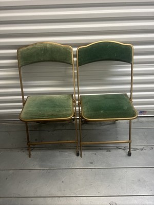 Vintage Green Velvet Folding Chairs by A. Fritz and Co - Set of 2 Gold 1940s MCM