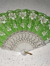 Vintage Green Floral White Lace gold Accent Spanish Style Folding Hand Fan