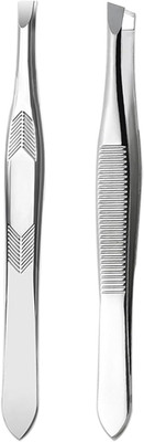 Stainless Steel Tweezers Set of 2   Precision Slant & Point Tips for Facial Hair