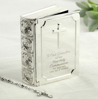 Enkel Erstkommunion personalisiert Geschenk Rosenkranz Perlen & Bibel Schmuckschatulle