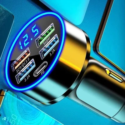 MARKENLOS Zigarettenanzünder 5 USB KFZ Auto Ladegerät mit LED Voltmeter für Handys NEU