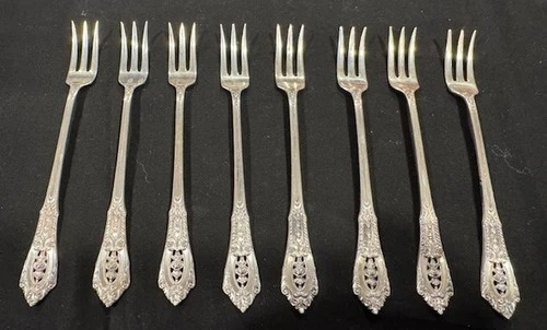 8 Pc Set Wallace Rose Point Sterling Silver Seafood or Cocktail Forks 5 1/2"