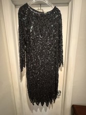 Vtg 80s / 90s Black Sequin Beaded 100 Silk Dress Cocktail Party Scalloped Hem L