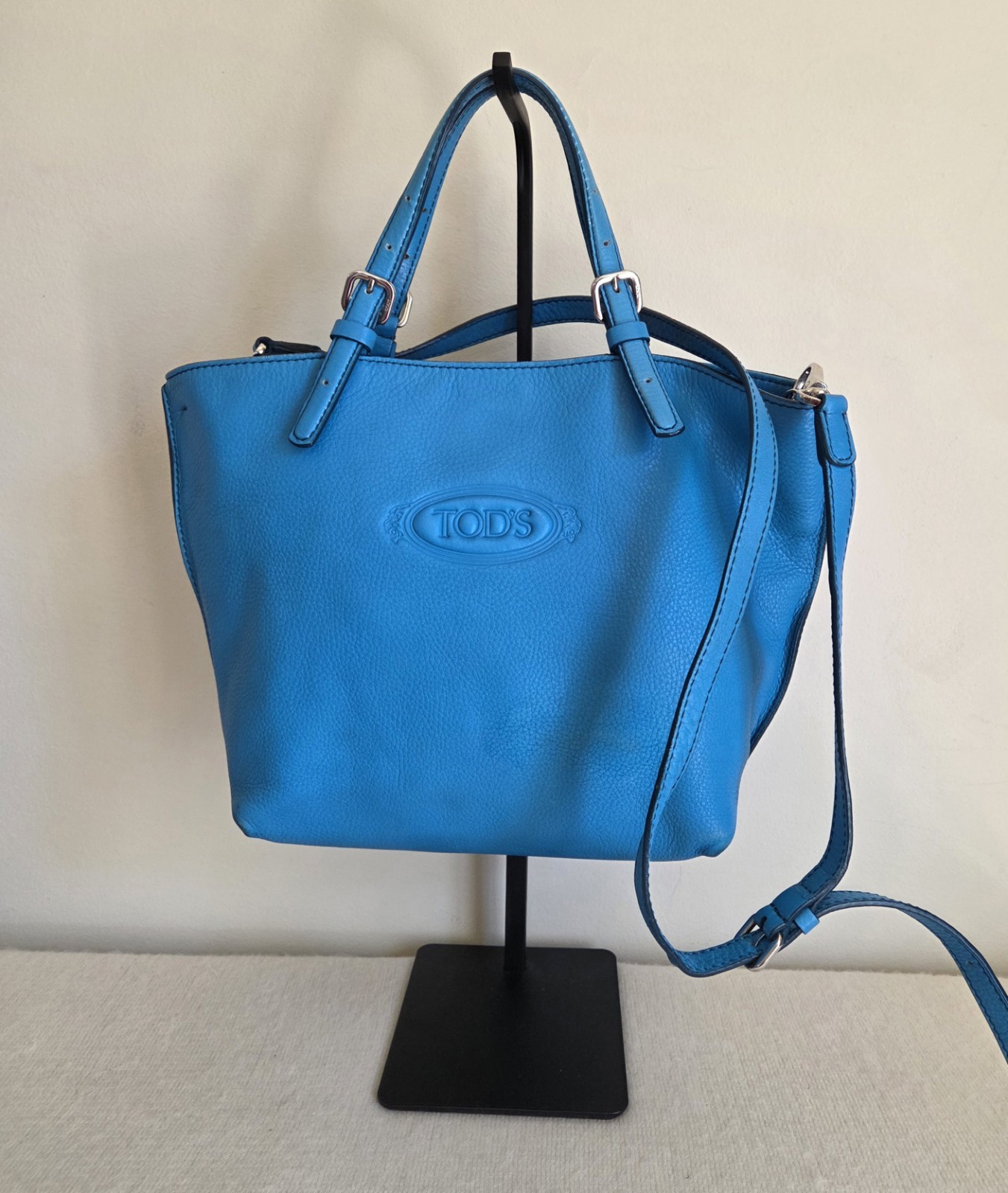 TOD'S Turquiose Pebbled Leather Tote Crossbody Bag Purse