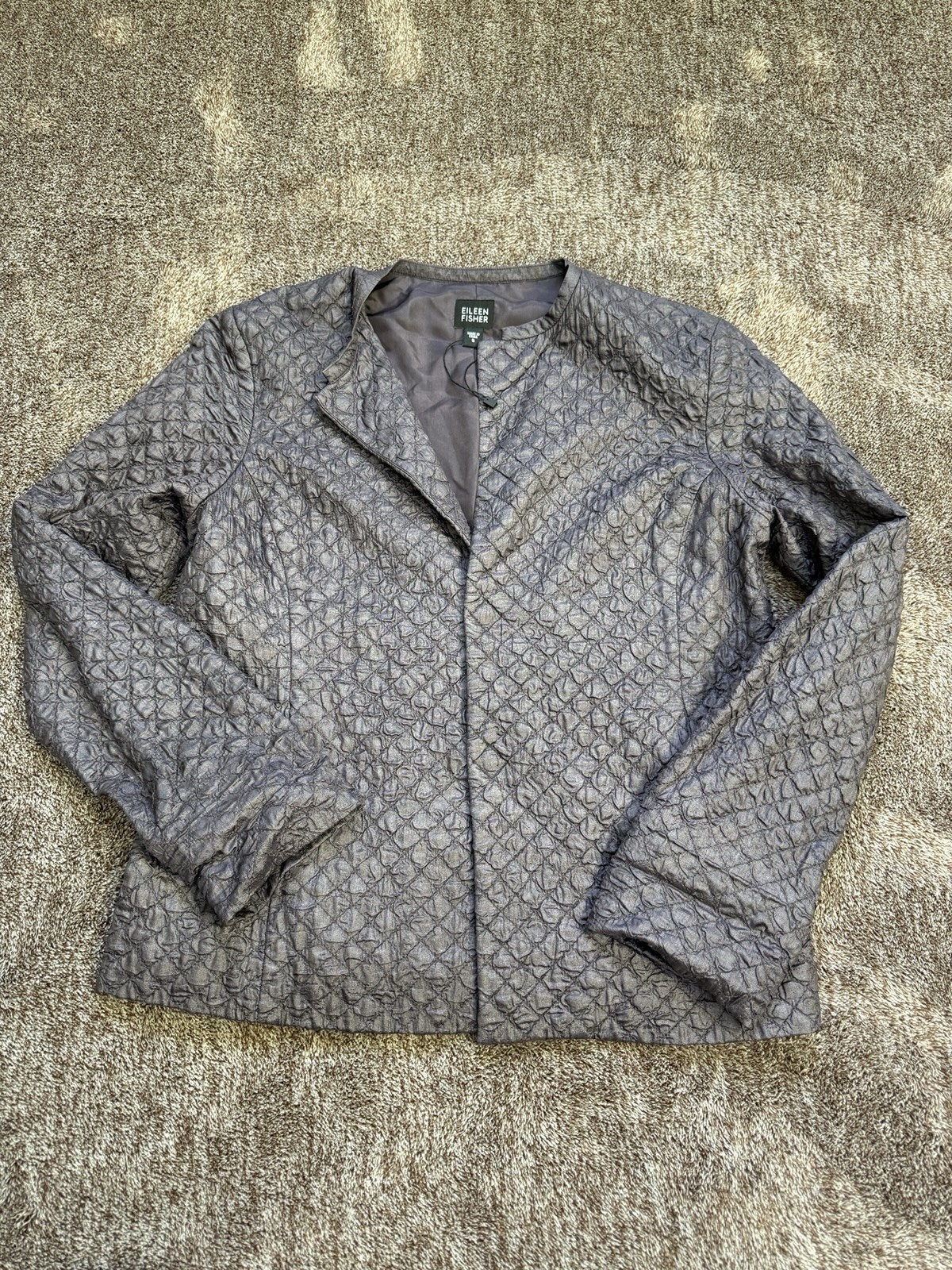 NWOT EILEEN FISHER 100% Silk Purple Quilted Magnet Front Jacket Size S