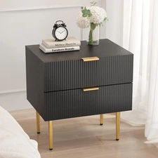 Night Stand, Black and Gold Nightstand with Fluted Panel, Bedside Table with ...