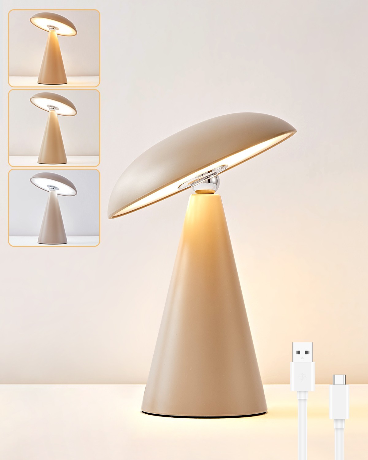 Rechargeable Table Lamp, Magnetic Touch Bedside Dimmable, Matt Khaki