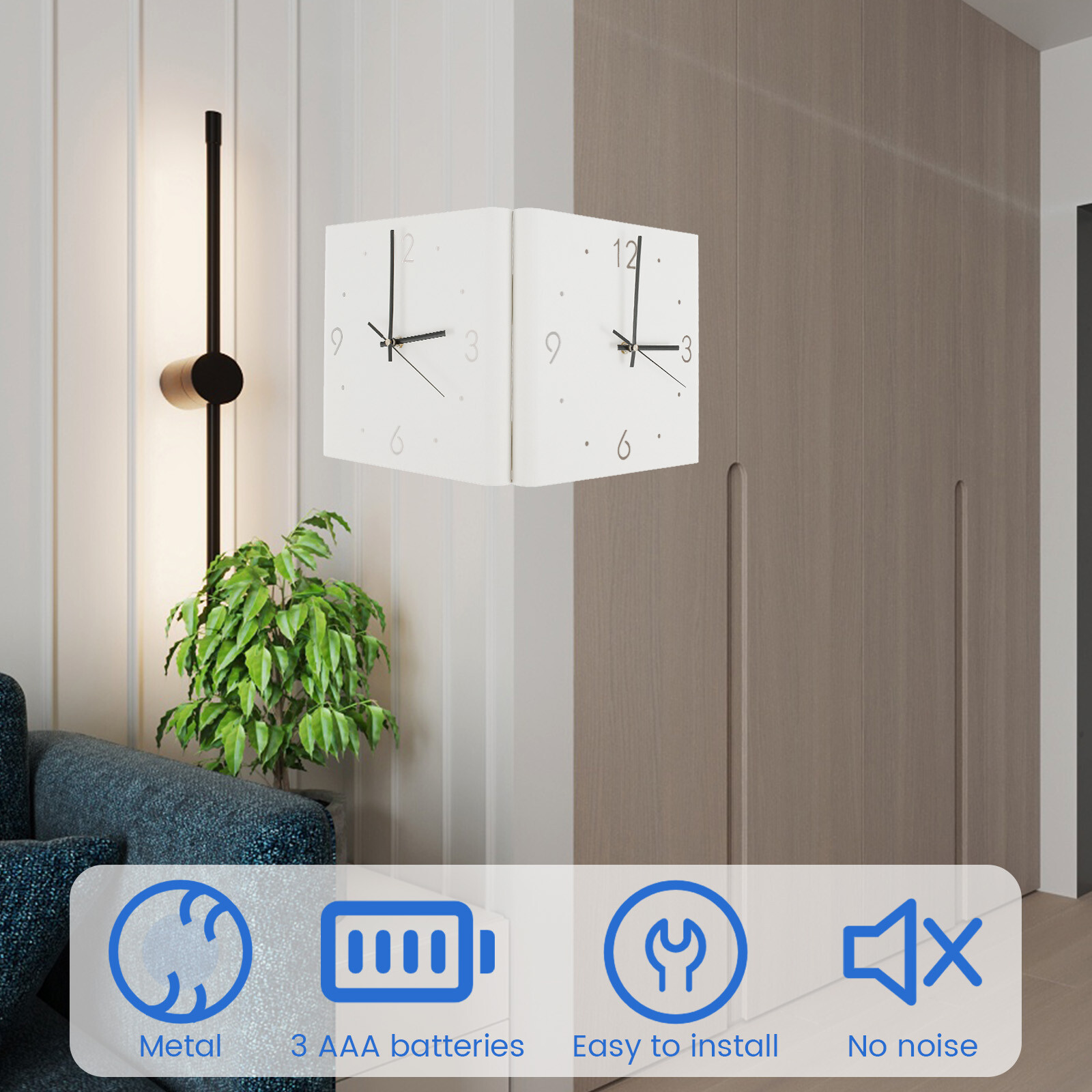 Double Sided Corner Wall Clock Silent NonTicking Wall Clocks with