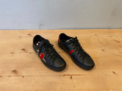 NWOT/B Gucci Ace Web Pierced Heart Embroidered Sneaker , Black Leather , 41 / 11