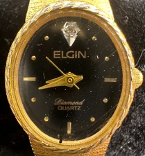 Vintage Elgin Gold Tone, Black Face Woman's Diamond Quartz Watch EK174-007