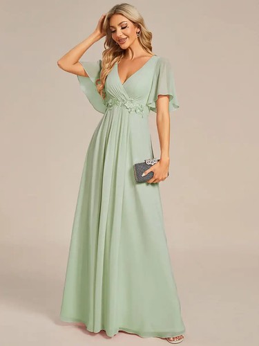 Elegant Evening Dresses Deep V Neck Appliques Pleated Floor-Length Dresses - Picture 14 of 30