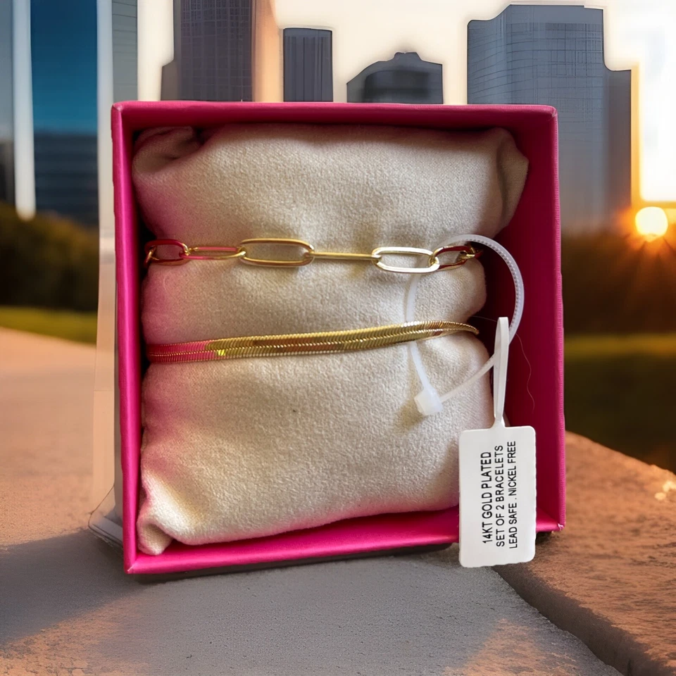 Nuevo Juego de 2 Pulseras House Of Harlow Chapadas en Oro 14K Seguro con Plomo Sin Níquel Foto 3 de 3