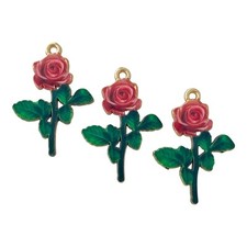 10 Gold Dark Pink Enamel Rose Flower Charms 29x20mm Green Leaf Drop Pendants