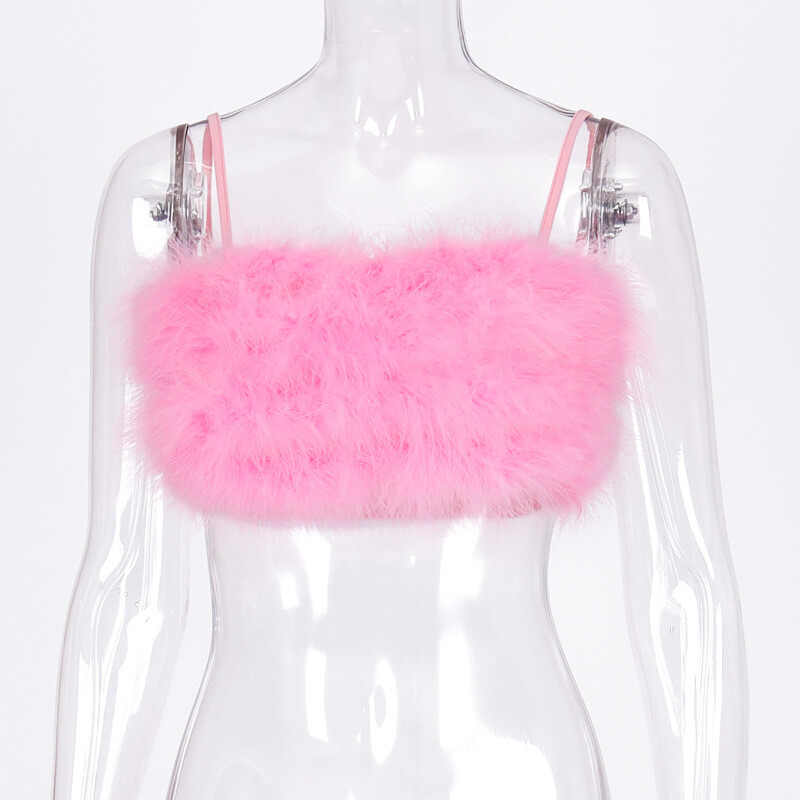 Lady Girl Faux Fur Crop Top Bustier Furry Spaghetti Strap Vest