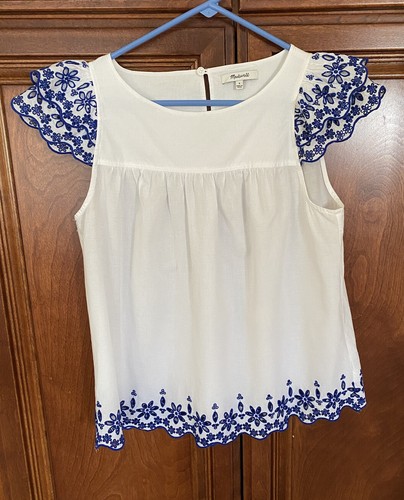 Madewell Shirt Bauernbluse weiß blau Ösen Flatterärmel Oberteil Gr. 4 - Bild 8 von 12