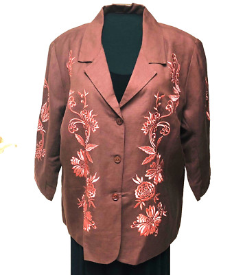 Victor Costa Linen Blnd Blazer Women's 3X Embroider Lined 3/4 Brwn Coral Retired