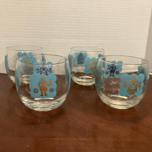 Vintage Federal Glass roly poly Glasses  PA Dutch theme blue gold (4)READ