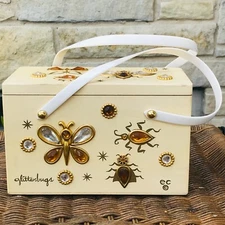 1960s Box Bag Enid Collins GlitterBugs Glitter Bugs Wood Purse Handbag Jewels 