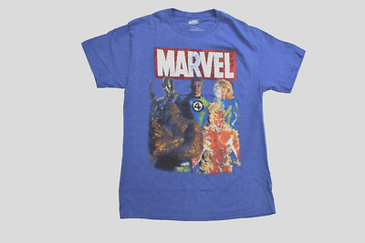 Marvel Mens Fantastic Four 4 Retro Distressed Graphic Blue Shirt New Small