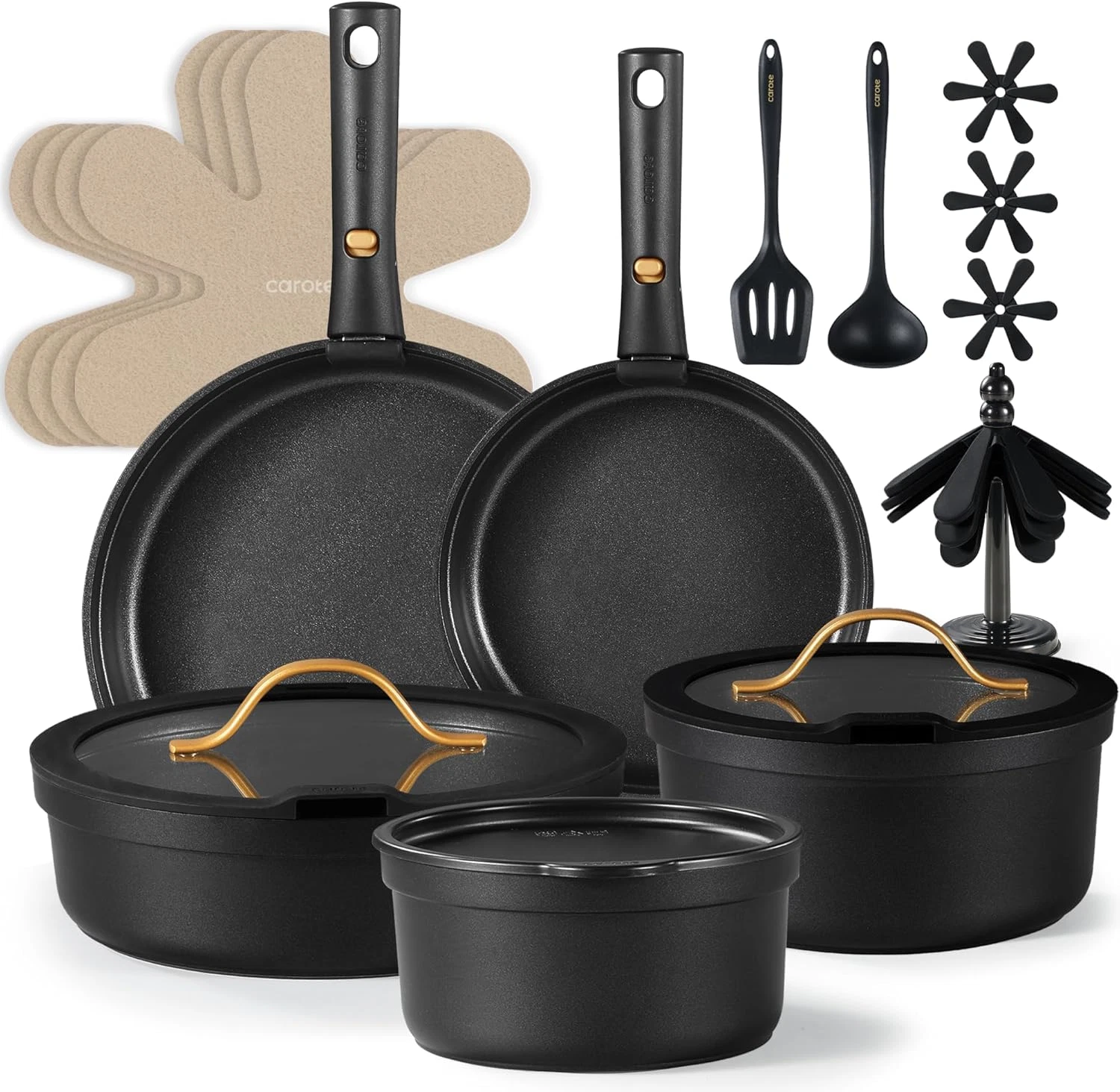 20-Piece Nonstick Cookware Set with Removable Handle, Induction Safe, Black