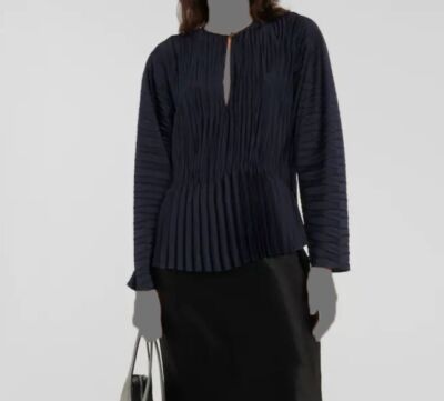 $375 Vince Women's Blue Pleated Satin Long Sleeve Blouse Top