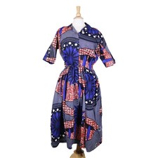 African Ankara midi dress button short sleeve handmade print blue dot sz S/M
