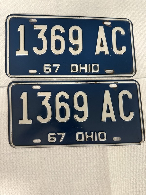 Vintage 1967 Ohio License Plate Tag Matching Pair 2 Piece Lot Tag Number 1369 AC
