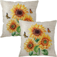 Sunflower Butterfly Throw Pillow Covers 18x18 Set of 2 Vintage Watercolor Yellow
