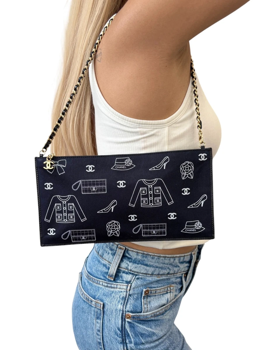 CHANEL Vintage CC Logo Icon Print Canvas Shoulder Bag Pochette
