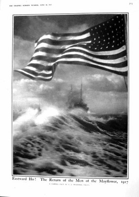 Alter Vintage Druck 1917 Mayflower Schiff amerikanische Flagge Fisch Zander Brasse 20.